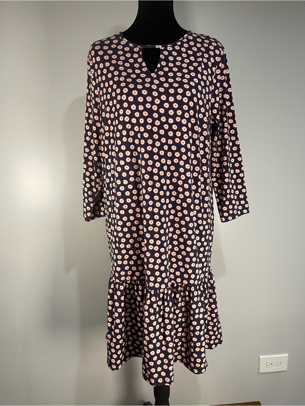Boden Navy Pink Floral Drop-Waist Ruffle Midi Dress US 10R